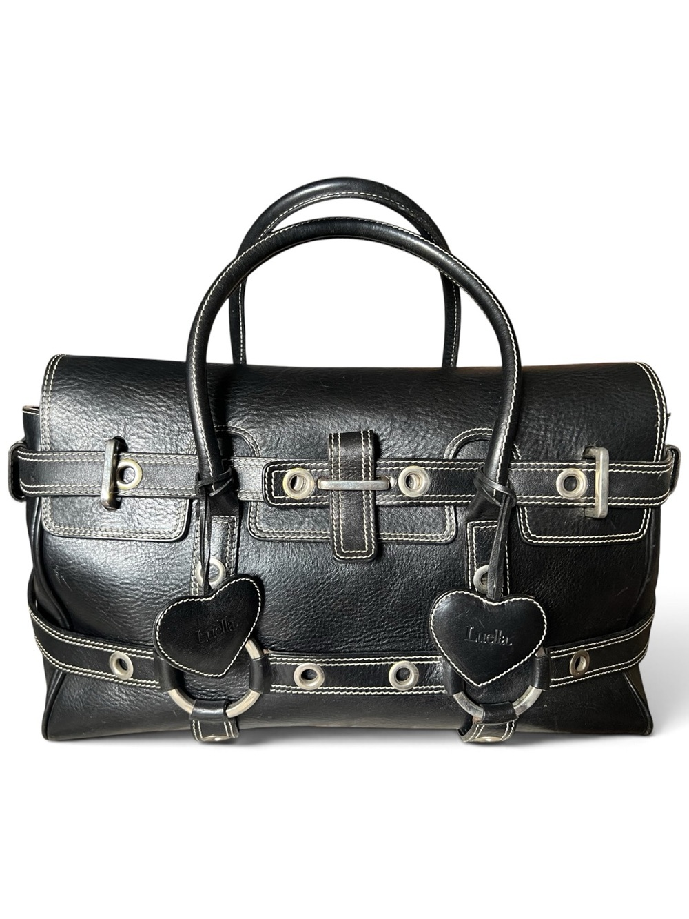 Luella Bartley Vintage Black Pebbled Leather Gisele Satchel Bag Cross Stitch